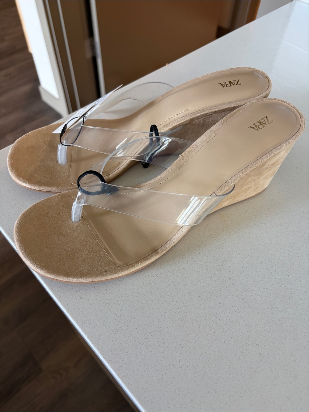 Zara Clear-Strap Tan Wedge Sandals